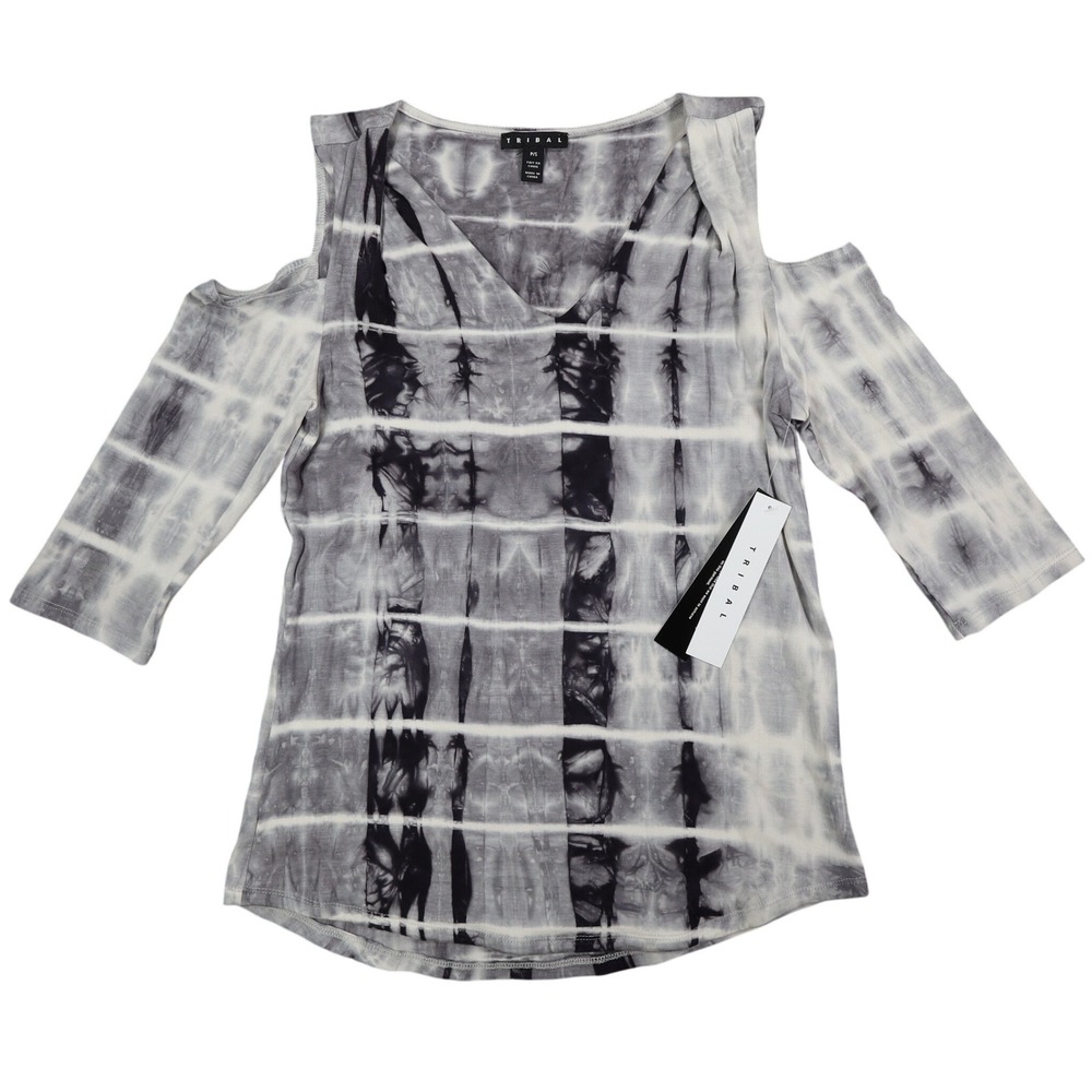 Tribal Cold Shoulder Top Womens Small Gray White Tie Dye Rayon Stretch V-Neck